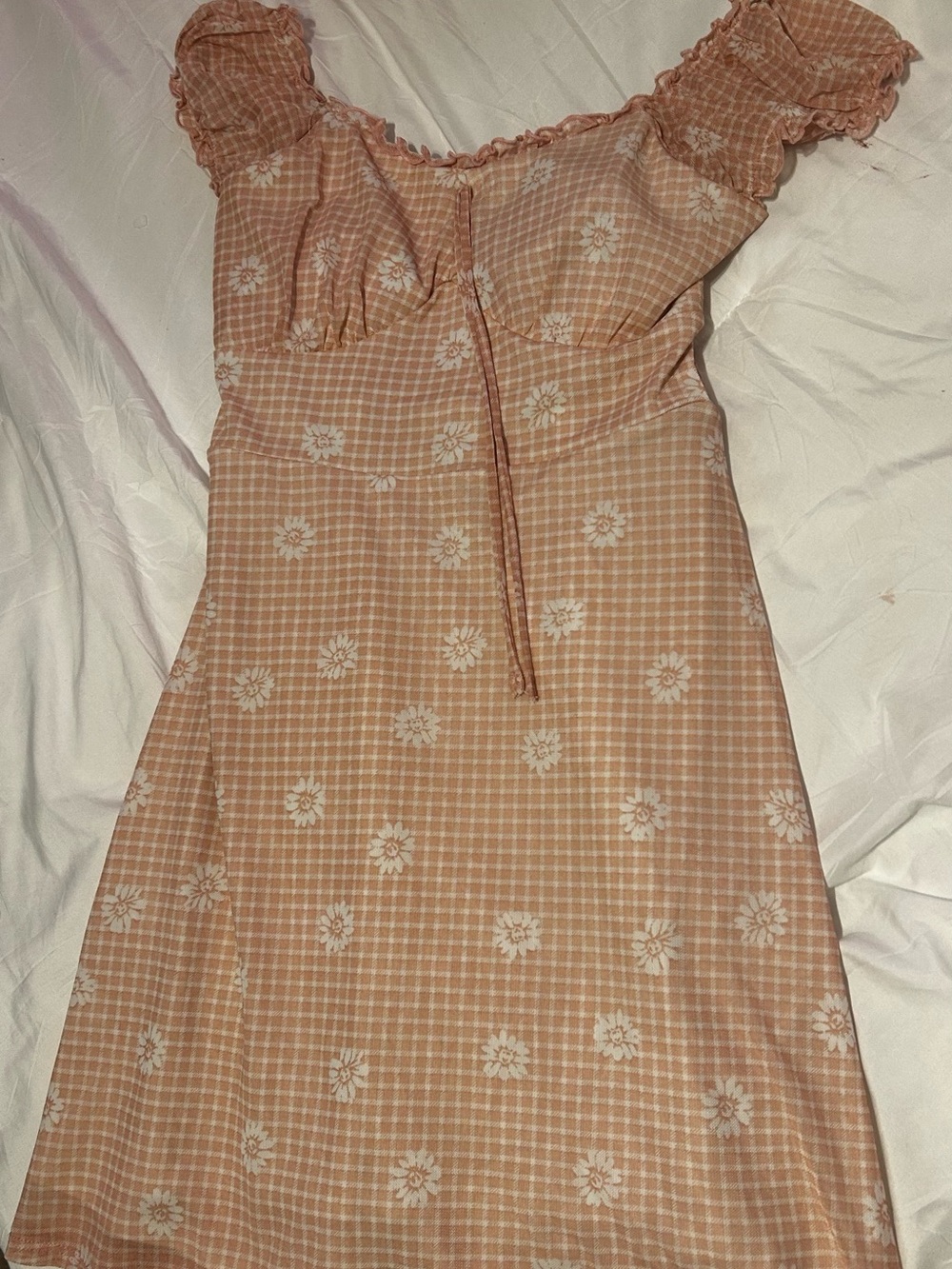Women’s Peach Floral Gingham Puff Sleeve Dress